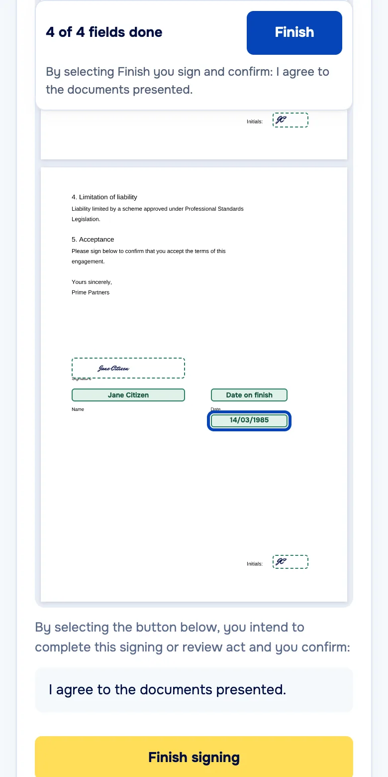 The last step on a phone: 3 of 3 fields done, the signed fields on the page, and a yellow Finish signing button under the words I agree to the documents presented.