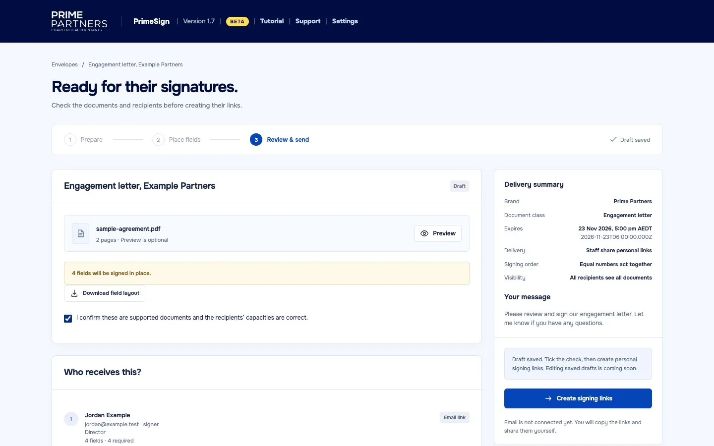 The Ready for their signatures screen: a summary of the envelope, the recipient with four required fields, and a delivery summary with a button to create signing links.
